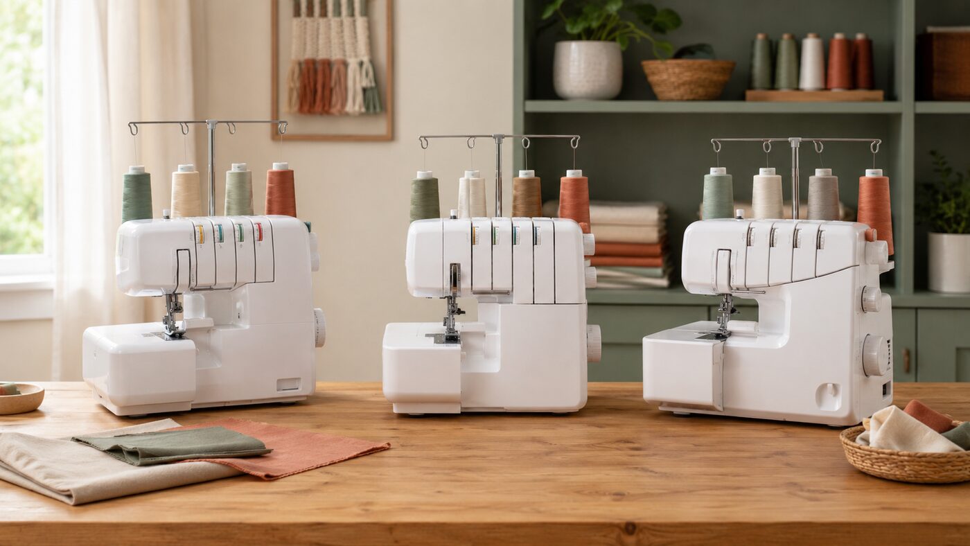 Three distinct generic domestic sergers arranged side by side on a worktable in a calm sewing studio