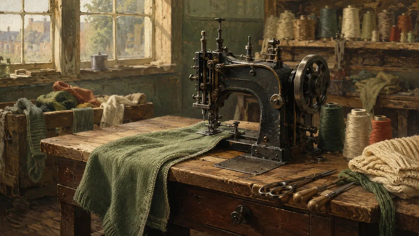 Editorial illustration of an early industrial overedge sewing machine in a nineteenth-century textile workshop