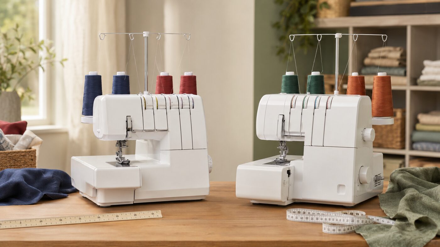 Two distinct generic domestic overlock machines arranged side by side in a sewing studio, with imperial and metric measuring tools