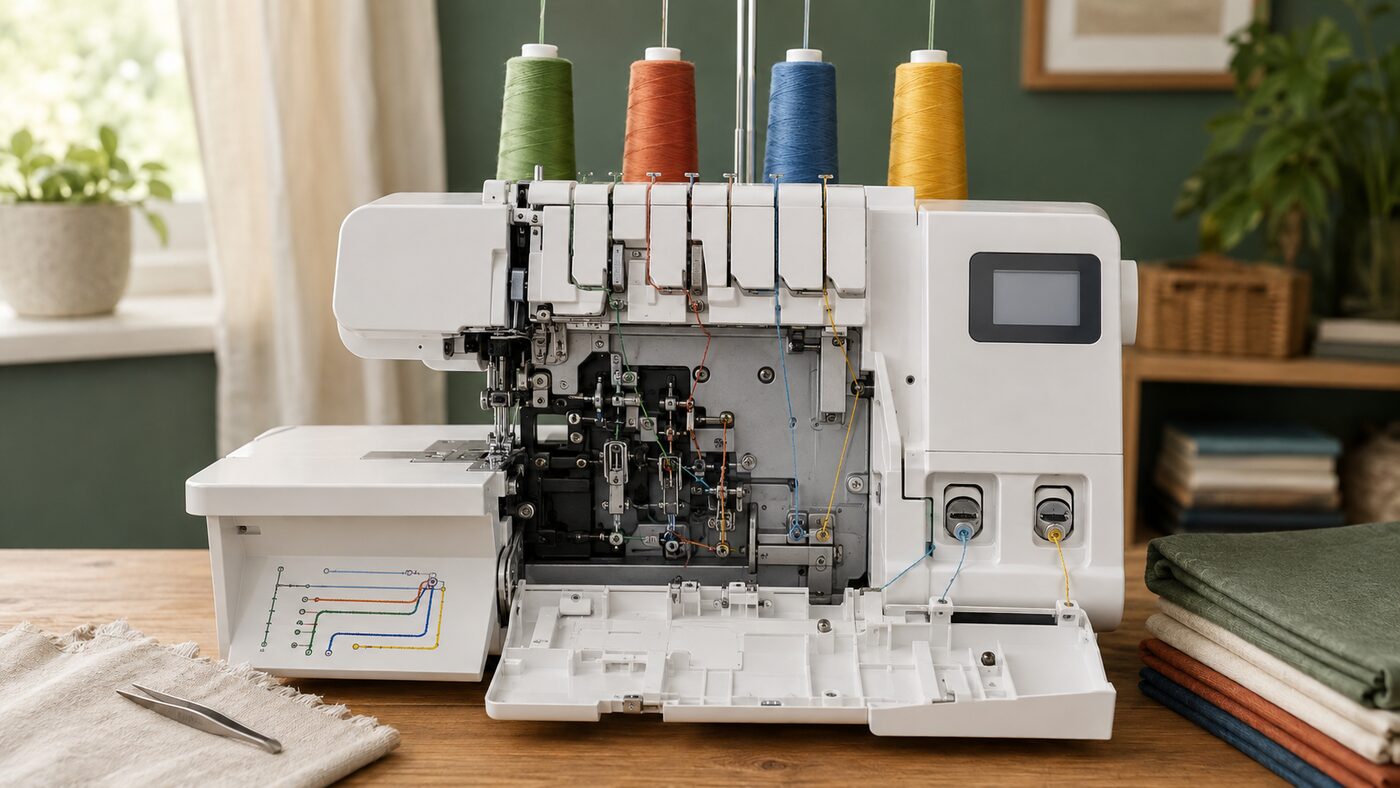 Generic four-thread serger with its threading area open, colour-coded thread paths and air-threading ports visible