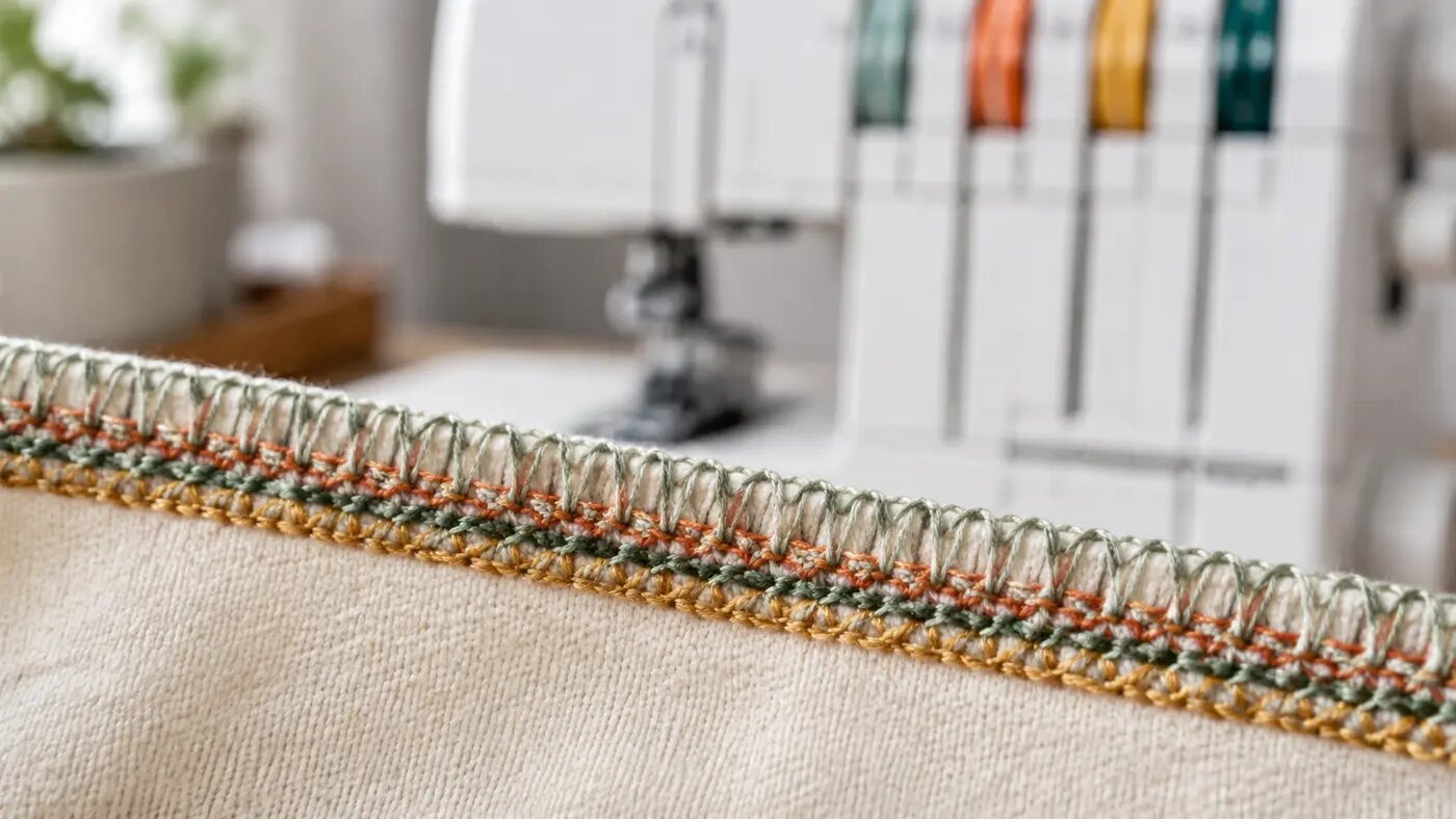 Close view of a four-colour overlock stitch sample on off-white knit fabric