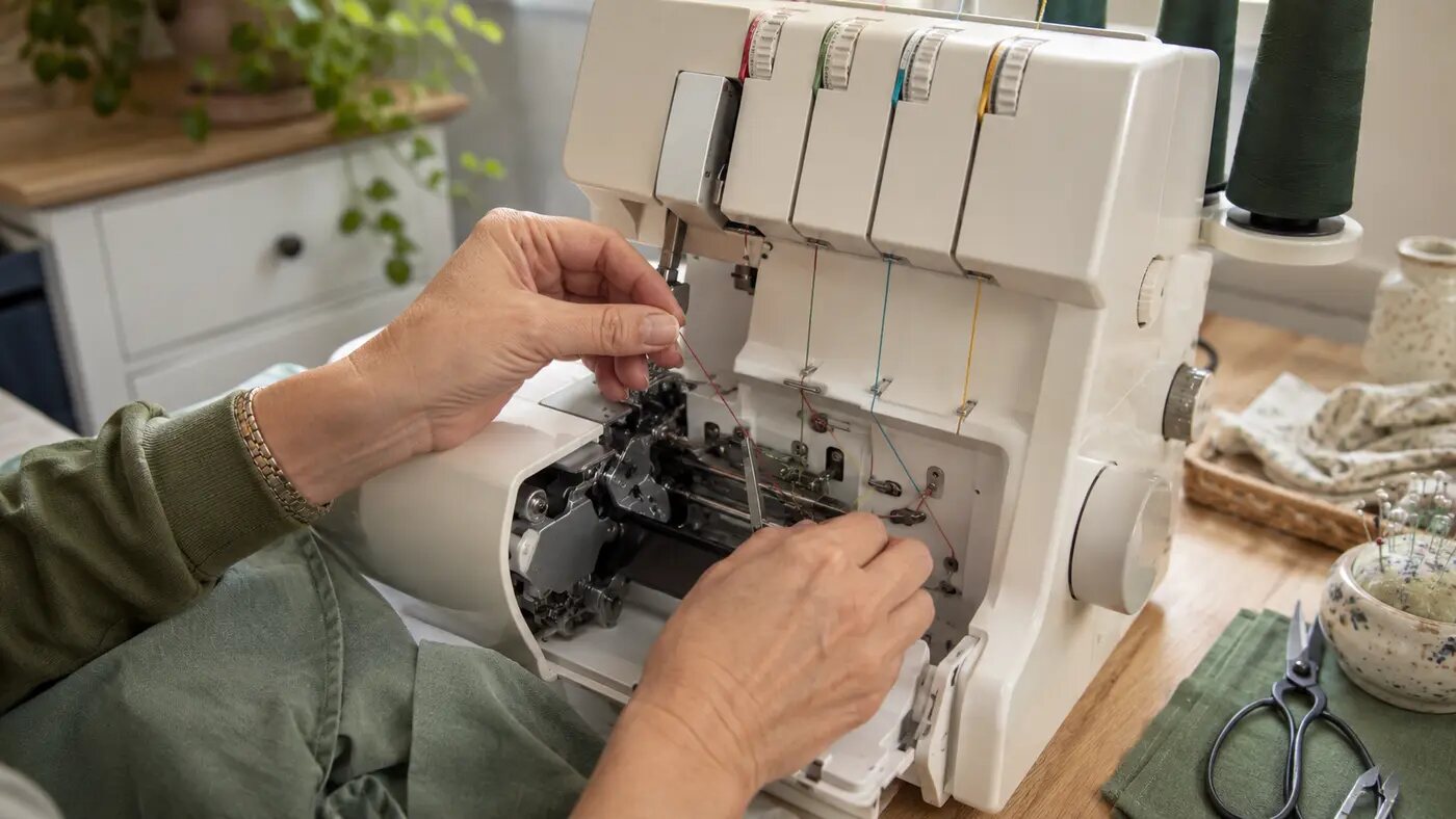 Hands threading a generic four-thread domestic serger with its front cover open